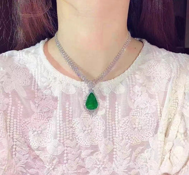 Necklace H126 Natural Green Emerald Gemstones Pendants with 26.92ctw, cover with Diamonds 1.32ctw ,Fine Jewelry Pure 18K White Gold AU750 Fine Necklace
