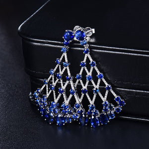 EARRING LANMI Blue Sapphire 11.95ctw, Natural Diamonds ctw:0.602ctw, Luxury Design Solid 18K White Gold