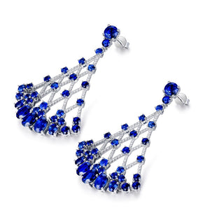 EARRING LANMI Blue Sapphire 11.95ctw, Natural Diamonds ctw:0.602ctw, Luxury Design Solid 18K White Gold