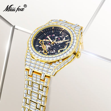MISSFOX VINTAGE WATCH for Men, Full Ice Out Diamond  Mechanical Watch Vintage Full Diamond Silver Wristwatch Automatic Self-Wind