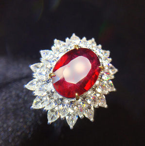 Ring Natural Red Ruby 3.01ctw, cover with Diamonds 2.50ctw, with Pure 18K white Gold Jewelry Anniversary Female