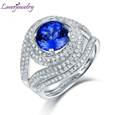 LUXURY ROMANTIC LOVERJEWELRY Real 14K White Gold Natural Blue Round Tanzanite Rings Stunning Diamond Match 2 Band For Women Engagement Fine Jewelry