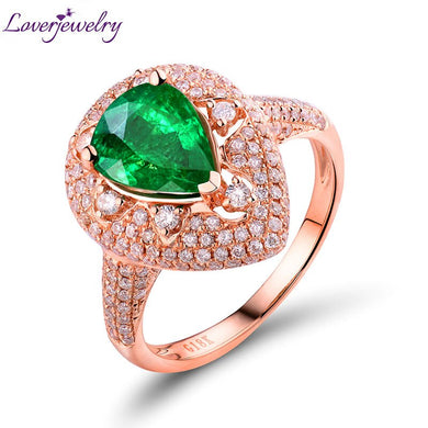 LUXURY LOVER WOMEN Emerald Rings Large 2.44ct Diamond Pear Shape Emerald Gemstone 18K Rose Gold Engagement Ring For Women Christmas Gift Jewelry