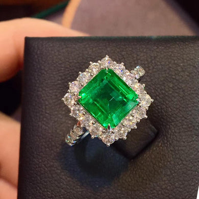 LUXURY AEAWJEWELERY WOMEN DIAMOND2.965CT 8.23*8.38mm Natural Emerald Green Gemstones Diamond Engagement Wedding Rings for women Fine Ring 14K White Gold