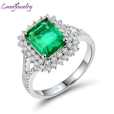 LUXURY LOVERJEWELRY  2020 Rings For Women Classic Engagement Diamond Jewelry Vintage Solid 18kt White Gold 1.71Ct Natural Emerald Wedding Women Ring
