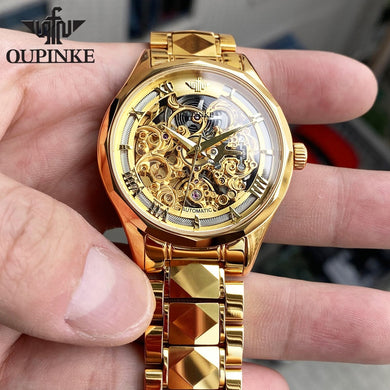 OUPINKE MEN Casual Mechanical gold steel skeleton Dial Luxury Classic Dress Wrist Waterproof reloj hombre