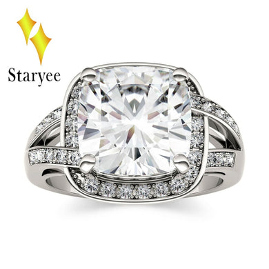 Ring STARYEE Original Charles Colvard Forever One  Moissanite Diamonds 5 Carat; 18k Solid White Gold Cushion Cut VVS DEF Engagment ring wedding