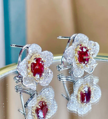 Earrings MISSING CAT JEWELRY for Women's with  Blood Red Ruby 2.35ctw, cover with real Diamonds: 0.94ctw, Solid 18K White Gold AU750