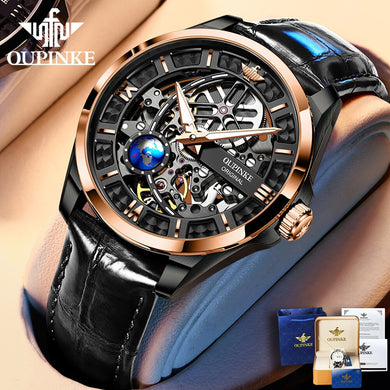 Luxurious OUPINKE Men's Watch  Automatic Mechanical  Sapphire Mirror Skeleton Leather Top Brand Watch Waterproof 50M Wristwatch Box