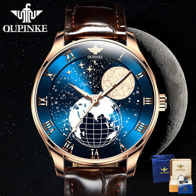 OUPINKE Moon Phase  Automatic Watch Men Mechanical Sapphire  Waterproof Leather Brand Wristwatch Watches relogio masculino