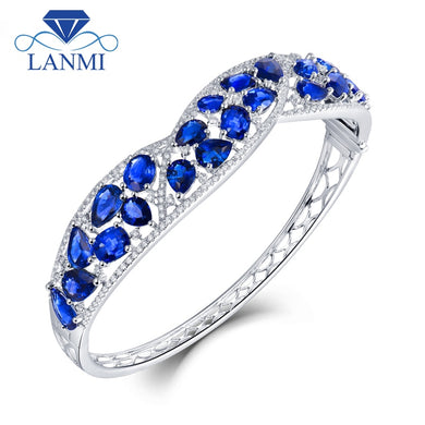 LANMI Bracelet Women and Men  Solid 18K White Gold Blue Sapphire Sparkly Diamond Bangle  Natural Gemstone  Jewelry Love Gift